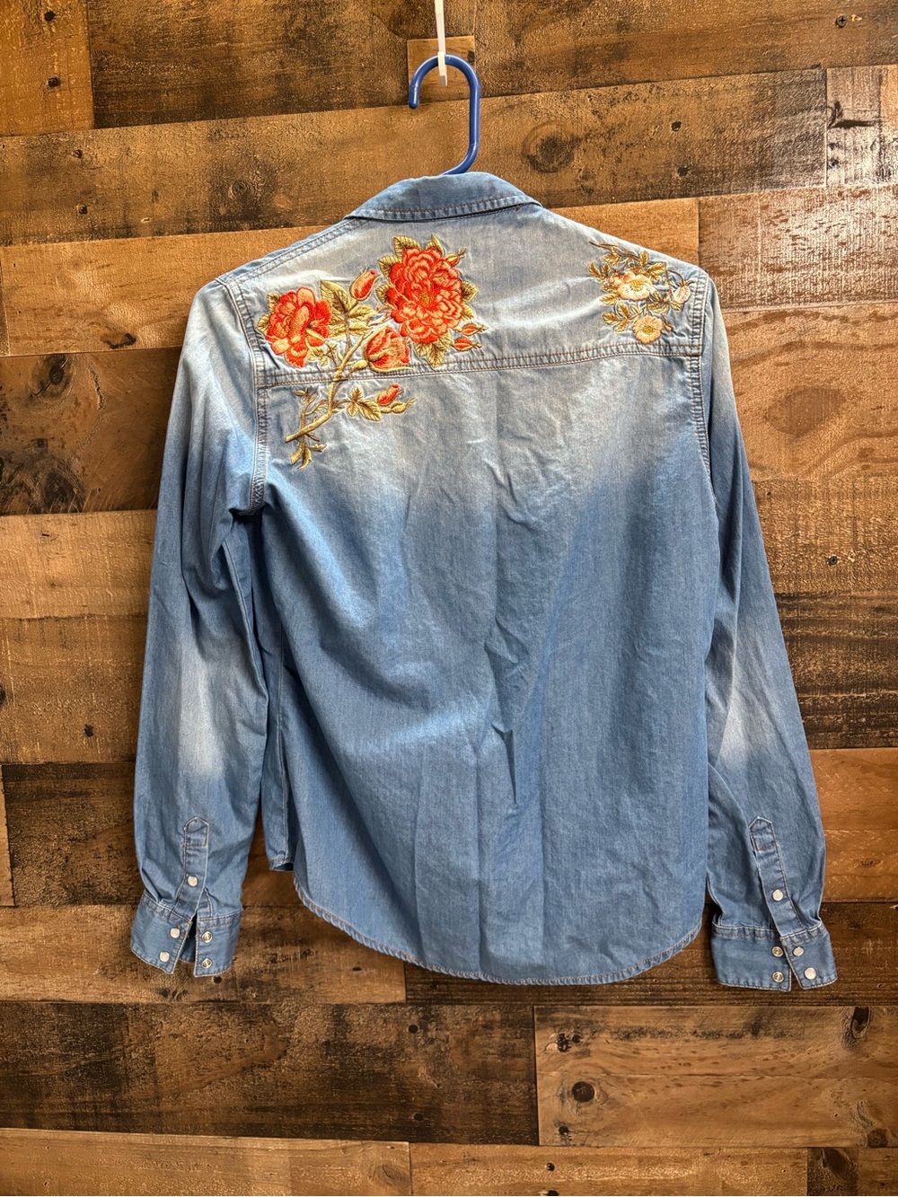 Grace Light Blue Denim Shirt with Orange Floral Embroidery EUC Size Small - Picture 8 of 13